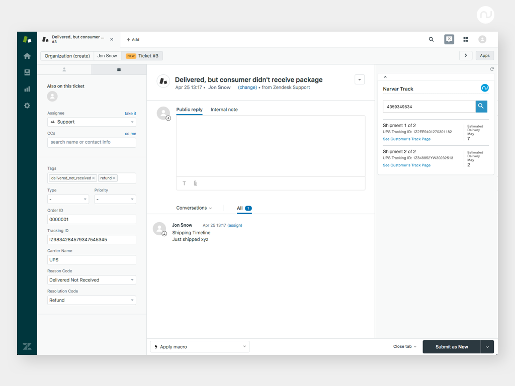 Narvar Connect and Care App Integration with Zendesk Support